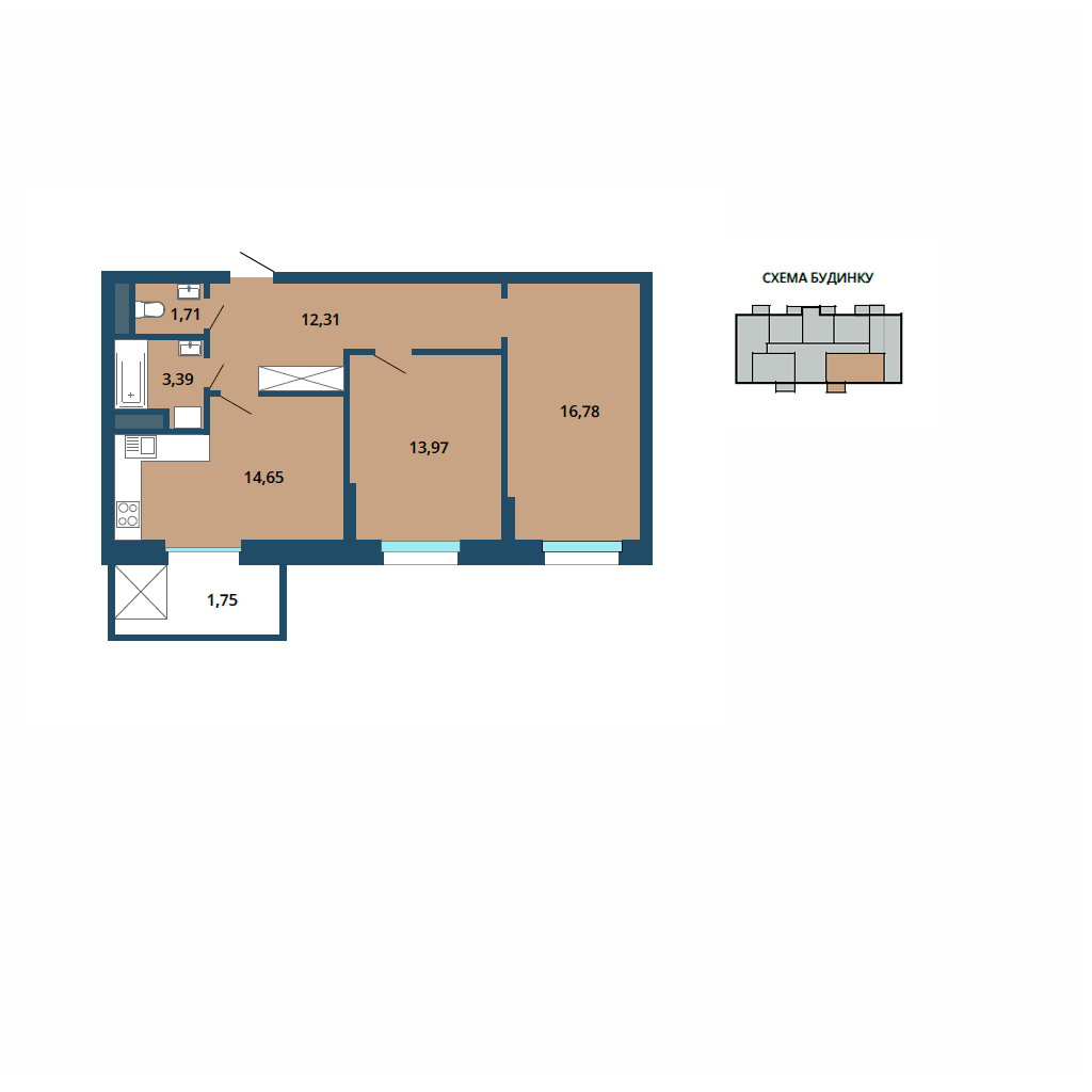 Загальна площа – 64,56 м²